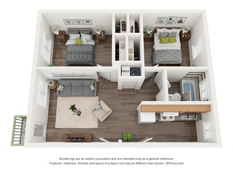2 bedroom floor plan an open concept with a lot of natural lightat Gardens at Washington Park 2, Atlanta, GA